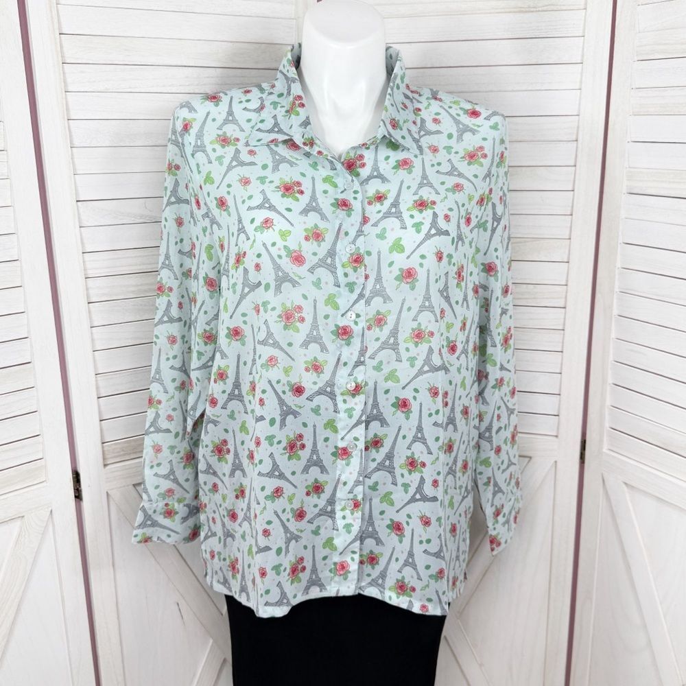 Potpourri Paris Eiffel Tower Rose Asher Oversized Button Up Blouse Blue‎ XL